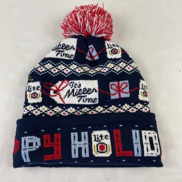 Its Miller Time Lite Beer Can Beanie Knit Hat Cuffed Pom Happy Holidays Stretch - Picture 5 of 7